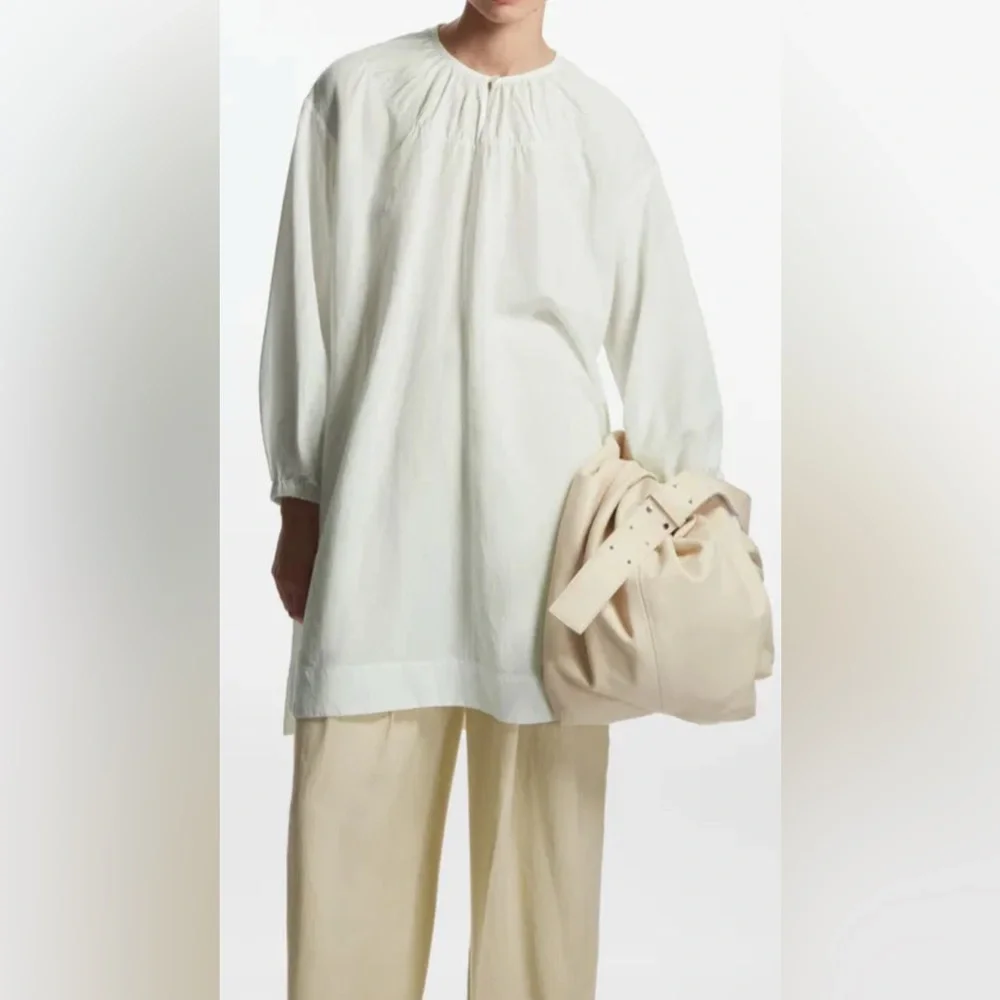 COS Oversized Gathered Mini Dress Tunic white linen tencel mod boho street L - Picture 2 of 8
